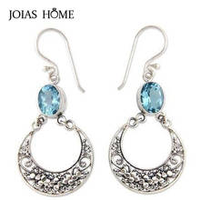 JoiasHome 925 Sterling Silver Earrings Ethnic Vintage Thai Silver with Ocean Blue Topaz Pierced Earrings Engagement Wedding Gift 2024 - buy cheap