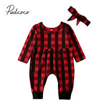 2020 Baby Spring Autumn Clothing Xmas Infant Bay Girl Clothes Plaid Romper Long Sleeve Jumpsuit Overall Headband Outfit 0-18M 2024 - buy cheap