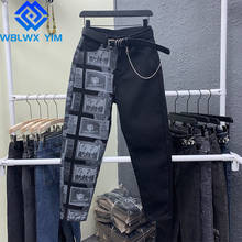Jeans para mulheres moda impressão retalhos cintura alta calças de brim solto plus size lavado estiramento jeans outono casual denim harem calças 2024 - compre barato