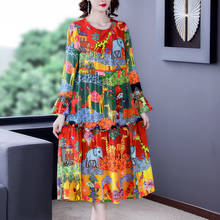Spring Boho Animal Print Mulberry Silk Long Sleeve Dress 2022 Summer Casual Loose 4XL Plus Size Women Midi Dress Elegant Vestido 2024 - buy cheap