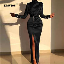 Women Spring sexy split long sleeve dress Elegant Turtleneck Solid Split Long dress Lady buttons club party dress dropshpping 2024 - buy cheap