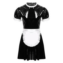 Disfraz de Sissy Maid para adultos, conjunto de manga corta abombada, aspecto húmedo, uniforme de sirvienta de charol, vestido acampanado 2024 - compra barato