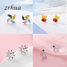 Silver Color Jewelry for Women Girls Stud Earrings Cute Windmill Heart Bee Sun Star Colorful Original Brincos Female Gift 2024 - buy cheap