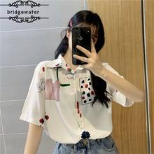 Summer new floral POLO collar chiffon shirt women's short-sleeved student shirt Japanese loose large size button shirt 2024 - buy cheap