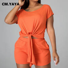 CM.YAYA Women Set Solid Short Sleeve O-neck Bandage T-shirt Sheath Elastic Shorts 2 Piece Set Casual Streetwear Summer Outfits 2024 - buy cheap