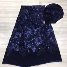 (5yards/pc) High quality soft and smooth African velvet lace fabric navy blue with fabulous sequins embroidery for party FSS002 2024 - buy cheap