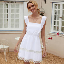 Vestido corto informal de verano con volantes y cuello cuadrado para mujer, minivestido Sexy bohemio con espalda descubierta y nudo, sin mangas, con encaje, color blanco 2024 - compra barato