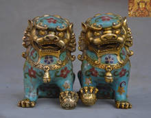 wedding decoration 5"China bronze Cloisonne enamel Gilt Evil Door Fu Foo Dog Lion beast statue Pair 2024 - buy cheap