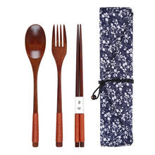 Natural Solid Wood Tableware Long Handle Japanese Style Tangling Spoon Fork Chopsticks Three-piece Set With Cloth Bag Storage 2024 - buy cheap