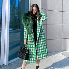 Ladies  Winter Long Green Houndstooth Coat With Fluffy  Natural Fox Fur Collar Women Outerwear  Wool Jacket 2024 - buy cheap