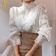 Hollow Out Flower Lace Patchwork Shirt Stand Collar All-match Femme Blusas Petal Sleeve Women Blouse Chic Button White Top 2024 - buy cheap