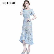 BLLOCUE 2020 Summer New Fashion Runway Dress Women's Short Sleeve Hollow Out Blue Lace Slim Fish Tail Dress 2024 - buy cheap