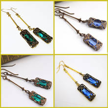 Long Bar Hook Drop Dangle Pendant Earrings Square Hollow Out Metal Stone Inlaid Openwork Carved Blue Green Purple Stone Earring 2024 - buy cheap