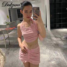 Dulzura Ribbed Women 2 Piece Set Halter Crop Top Lace Up Ruched Mini Skirt Drawstring Bodycon Sexy Elegant Party 2021 Summer 2024 - buy cheap