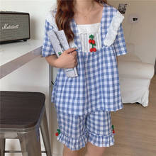 Alien Kitty Loose High Quality Girls Sleepwear Plaid All Match Korean Patchwork Ruffles Sweet Homewear Summer Women Pajamas Sets 2024 - buy cheap