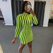 BKLD Long Sleeve Bodycon Dress For Women With Zipper Sexy Clubwear Mini Dress 2020 Autumn New Fashion Women Striped Neon Dress 2024 - buy cheap