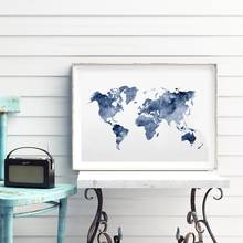 Синяя карта мира Печать морская карта Плакат путешественник подарок абстрактная акварель настенная Картина на холсте картина для декора гостиной 2024 - купить недорого