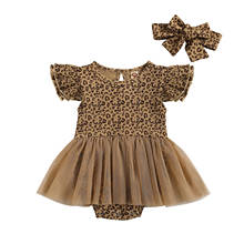 2021 0-24m bebê recém-nascido menina macacão vestido verão novo leopardo impressão voar manga o pescoço tule vestido + bandana 2 pçs 2024 - compre barato