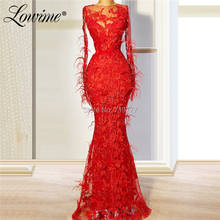 Red Applique Feather Evening Dresses Formal Dubai Kaftans 2019 Turkish Muslim Party Gowns Robe De Soiree Mermaid Prom Dress New 2024 - buy cheap