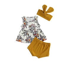 Conjunto de 3 peças para bebê menina 0-24 meses, verão, estampa de buquê floral, vestido, top sem mangas + shorts amarelo + tiara, roupas de criança, novo, 2021 2024 - compre barato