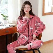 Conjunto de pijamas de flanela feminino, pijamas grossos estampados para mulheres, de manga comprida, conjunto de camisola para mulheres 2020 2024 - compre barato