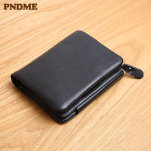 PNDME simple casual short zipper men genuine leather wallet multi-card soft cowhide tri-fold black luxury card holder teen purse 2024 - buy cheap