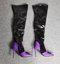New Purple Black Leather Women Long Boots Fashion Pointed Toe Mixed Color Real Photos Over the Knee Thigh High Boots Lady Winter 2024 - buy cheap