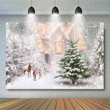 Fundo temático de rena de natal neve árvores de natal fantasia floresta pano de fundo para fotografia casa de madeira foto-call 2024 - compre barato