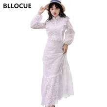 BLLOCUE Fashion High Quality Runway Dress 2019 Autumn Women Stand Collar Lantern Sleeve White Lace Hollow Out Ruffles Dress 2024 - buy cheap