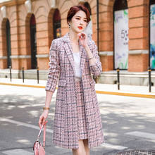 Izicfly outono inverno novo estilo rosa xadrez longo blusão 2 peça conjunto feminino blazer e saia terno escritório negócios outwear 2024 - compre barato