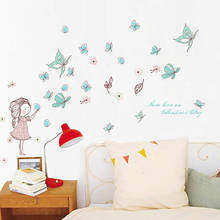 Pegatina de dibujos animados en la pared, pintura de flores, mariposas, chica encantadora, sala de estar, dormitorio, pegatinas decorativas, decoración del hogar 2024 - compra barato