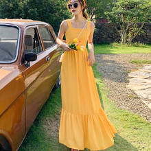 Summer 2021 Runway Elegant Maxi Backless Korean Fairy Honeymoon Vacation Party Night Dress Women Long Yellow Slip Dress Sundress 2024 - buy cheap