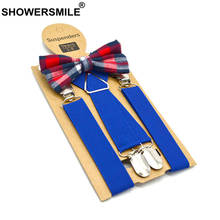 SHOWERSMILE Blue Kids Suspenders with Bow Tie Leather Children Braces British Style Wedding Red Gray Solid Boys Suspenders 65cm 2024 - buy cheap