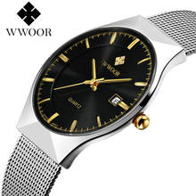 Wwoor-relógio de pulso masculino ultrafino, moderno, simples, calendário, aço inoxidável, pulseira de malha, à prova d'água, quartzo, 2021 2024 - compre barato
