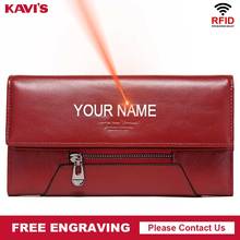 Вместительный женский кожаный кошелек KAVIS, Дамский удлиненный удобный бумажник для мелочи, кредитница с первым гравировкой 2024 - купить недорого