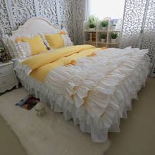 Luxury bedding set wedding textile quality yellow with white cotton cake layers duvet cover ruffle lace bedspread set wrinkle 2024 - buy cheap