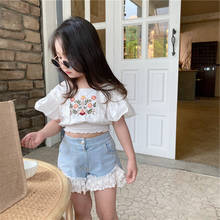 Kids Girls Summer Clothes Set Fashion Lace Embroidery Princess Tops+Jeans Shorts 100% Cotton Children Clothing Sets For 2-7Yrs 2024 - buy cheap