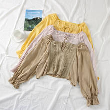Blusa feminina casual renda gola quadrada, camiseta feminina manga comprida 2024 - compre barato