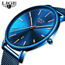 Часы наручные LIGE женские кварцевые ультратонкие, брендовые роскошные модные повседневные стальные, с сетчатым ремешком, синие 2024 - купить недорого
