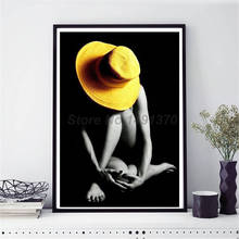 Sexy mulher nua pintura menina usar chapéu amarelo cartazes e impressões decorativos da arte da parede fotos para sala de estar decoração casa 2024 - compre barato
