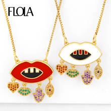 FLOLA Multicolor Fatima Hand Red Lip Necklaces For Women Heart Evil Eye Necklaces Charm Pave CZ Zircon Rainbow Jewelry nkeq67 2024 - buy cheap