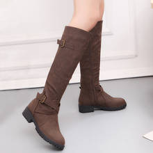 2019 Women Knee High Boots Fashion Leather Low Heels Buckle Side Zipper Winter Riding Shoes Military Army Western Combat Boots 2024 - buy cheap