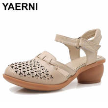 Yaerni 2018 sandálias de salto grosso das mulheres cobertas toe sapatos estilo étnico verão genuíno couro oco sandálias e573 2024 - compre barato