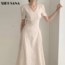 2021 New Summer Korean Chic Elegant Dresses French Pattern V-neck High Waist Side Strap Mid-Length Short Sleeved Wool Dress 2024 - buy cheap