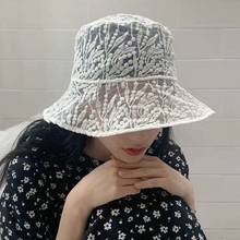Chapéu balde de verão feminino estilo coreano, bordado, folha de flor, renda pura, aba larga, protetor solar, lazer, boné de pesca 2024 - compre barato