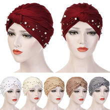 Turbante musulmán para mujer, gorro de algodón con perlas giradas, Hijab, bufanda india para envolver la cabeza, gorro elástico, accesorios para el cabello 2024 - compra barato