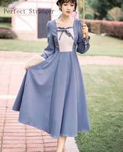 High Quality  2021 Spring New Arrival French Style Square Collar Long Sleeve Women Long Dress Blue 2024 - buy cheap
