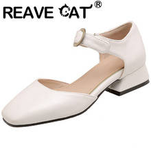 Reave cat 2021 novas bombas de lazer dedo do pé quadrado sólido mary janes fivela de cinto 3.5cm chunky tamanho do salto 32-46 preto damasco branco a4193 2024 - compre barato