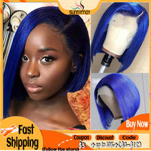Sunnymay 13x4 Lace Front Human Hair Wig Blue Color Bob Wig 130% Glueless Pre Plucked With Baby Hair Remy Straight Lace Front Wig 2024 - buy cheap