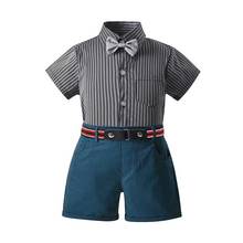 Conjuntos de ropa para niños, camisa de manga corta a rayas con lazo + cinturón, traje de pantalones cortos, ropa de caballero para niños pequeños, 3 uds. 2024 - compra barato